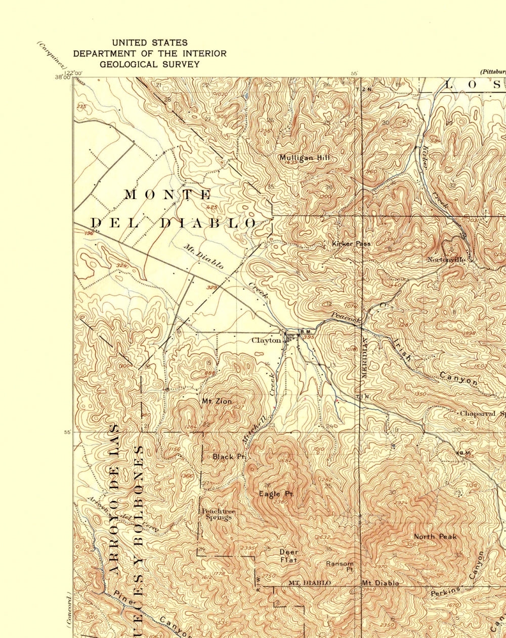 Topographical Map - Mt Diablo California Quad - USGS 1896 - 23 x 29 - Vintage Wall Art