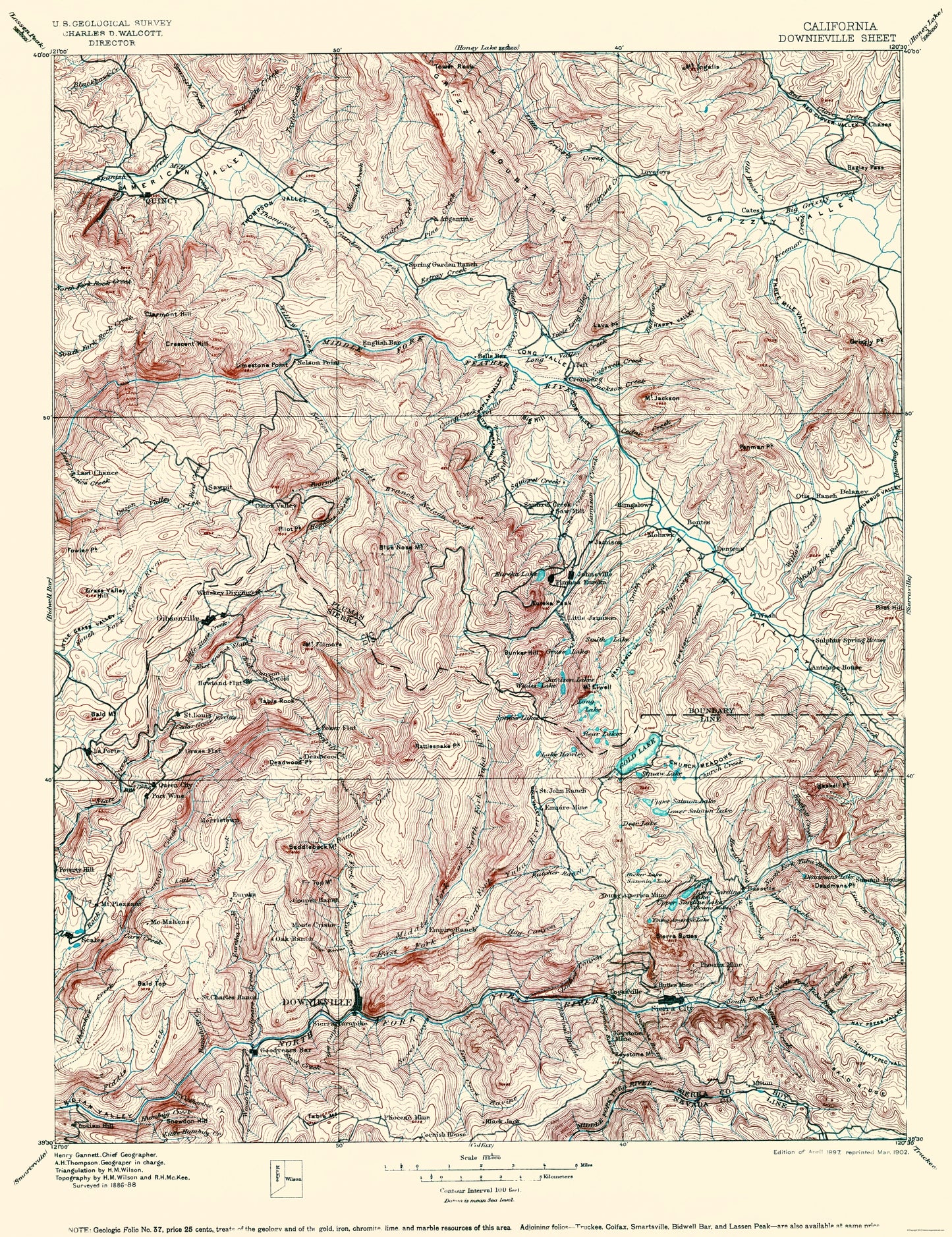 Topographical Map - Downieville California Quad - USGS 1897 - 23 x 29.88 - Vintage Wall Art