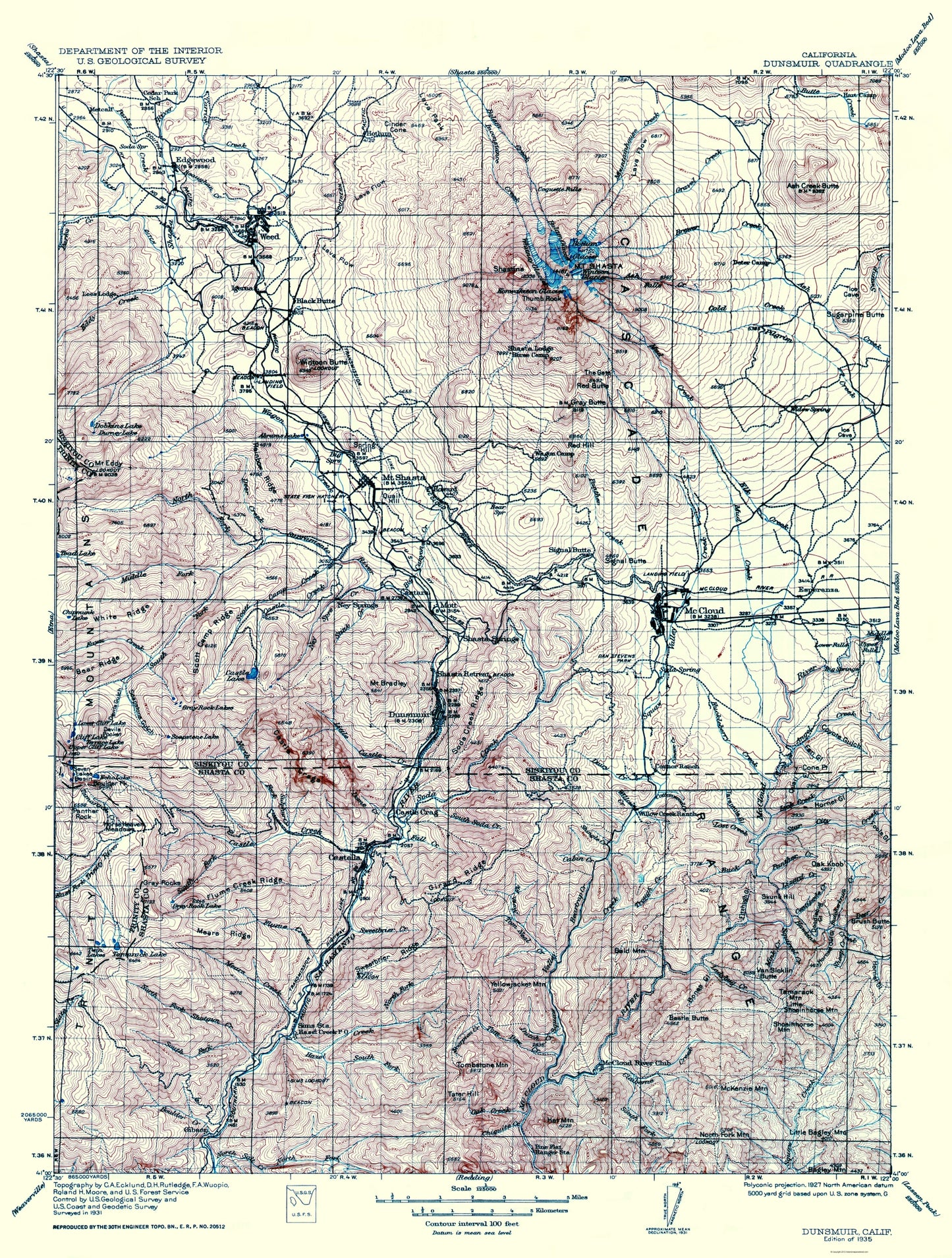 Topographical Map - Dunsmuir California Quad - USGS 1935 - 23 x 30.37 - Vintage Wall Art