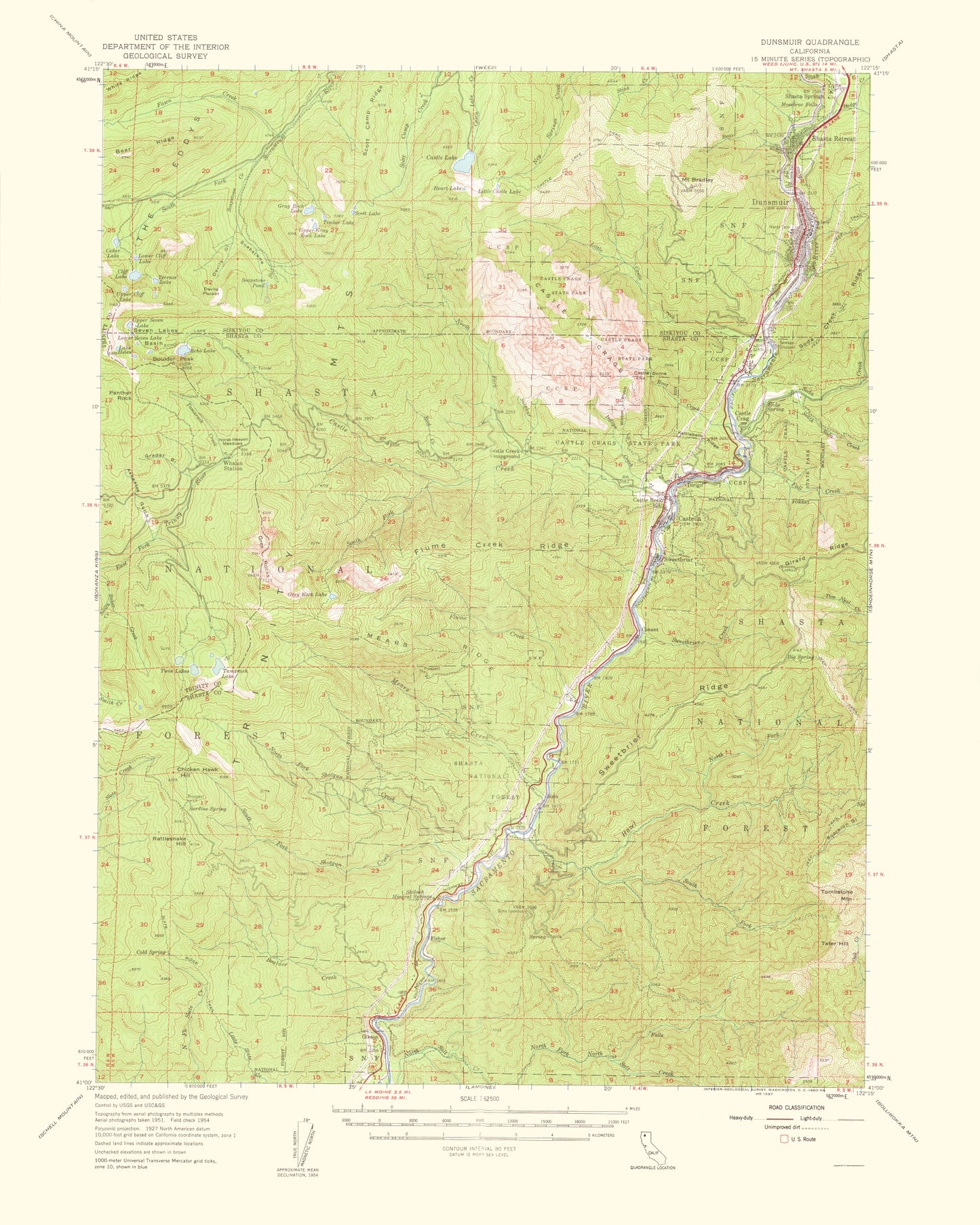 Topographical Map - Dunsmuir California Quad - USGS 1960 - 23 x 28.73 - Vintage Wall Art