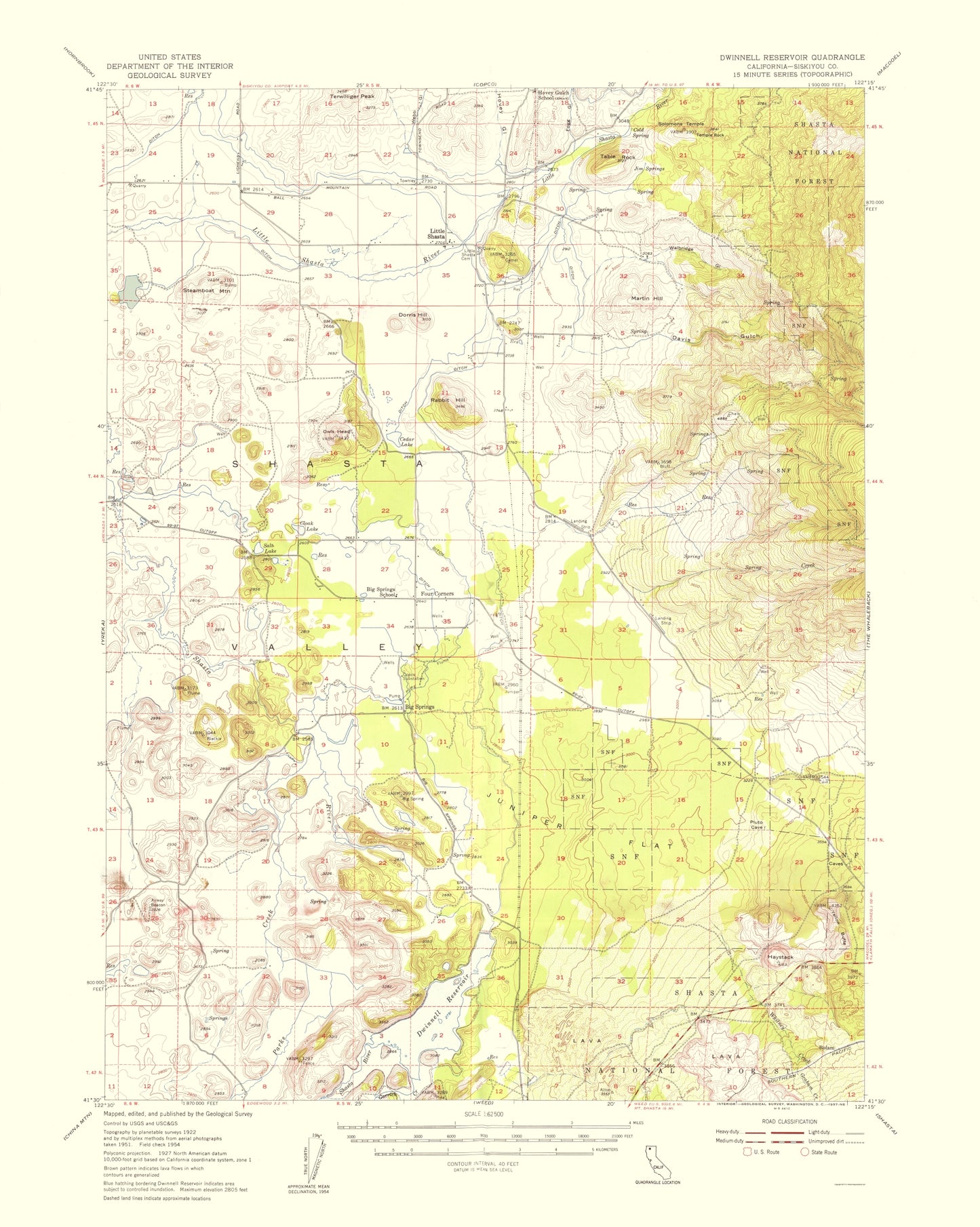 Topographical Map - Dwinnel Reservoir California Quad - USGS 1957 - 23 x 28.81 - Vintage Wall Art