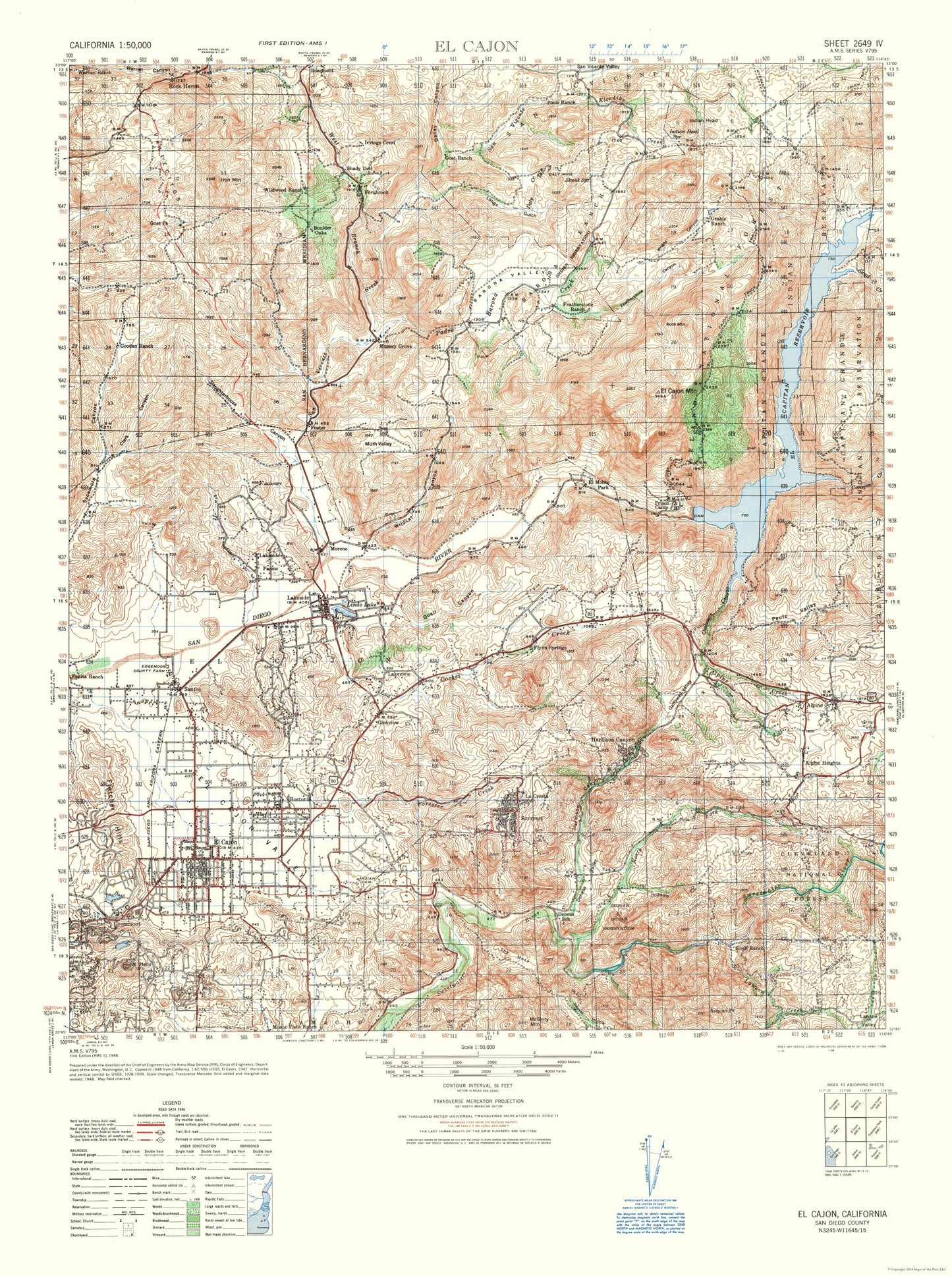 Topographical Map - El Cajon Sheet - US Army 1948 - 23 x 30.83 - Vintage Wall Art