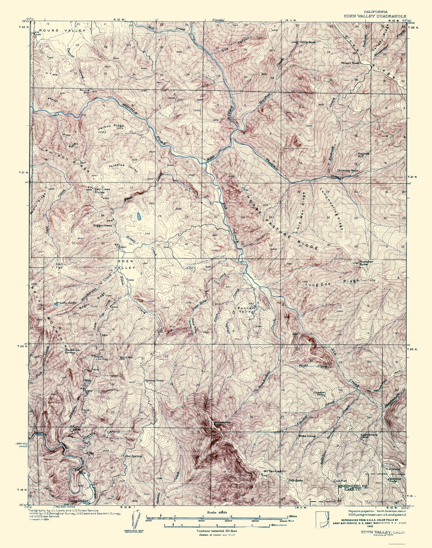 Topographical Map - Eden Valley California Quad - USGS 1928 - 23 x 29.15 - Vintage Wall Art