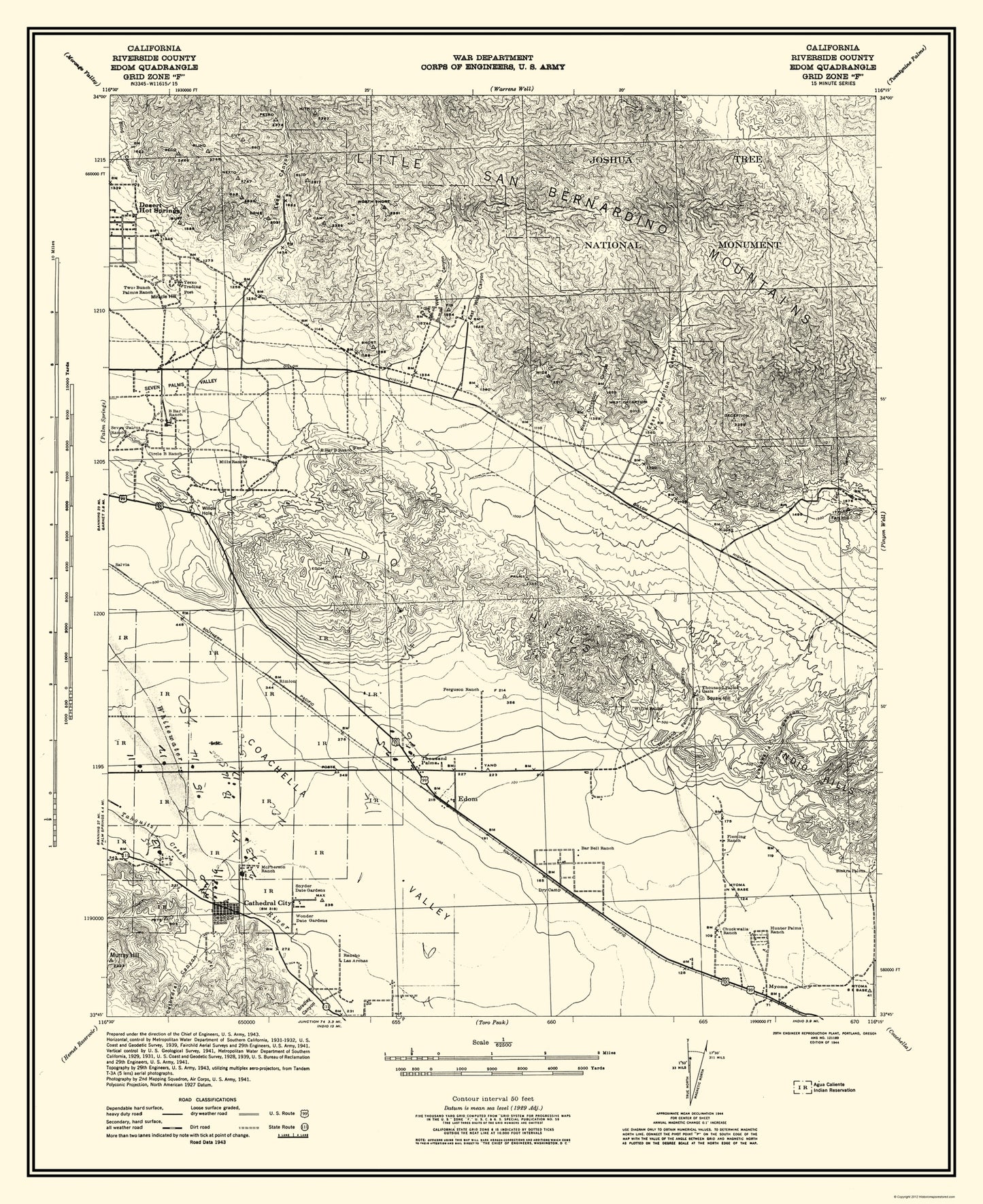 Topographical Map - Edom California Quad Grid F - US Army 1944 - 23 x 28.15 - Vintage Wall Art