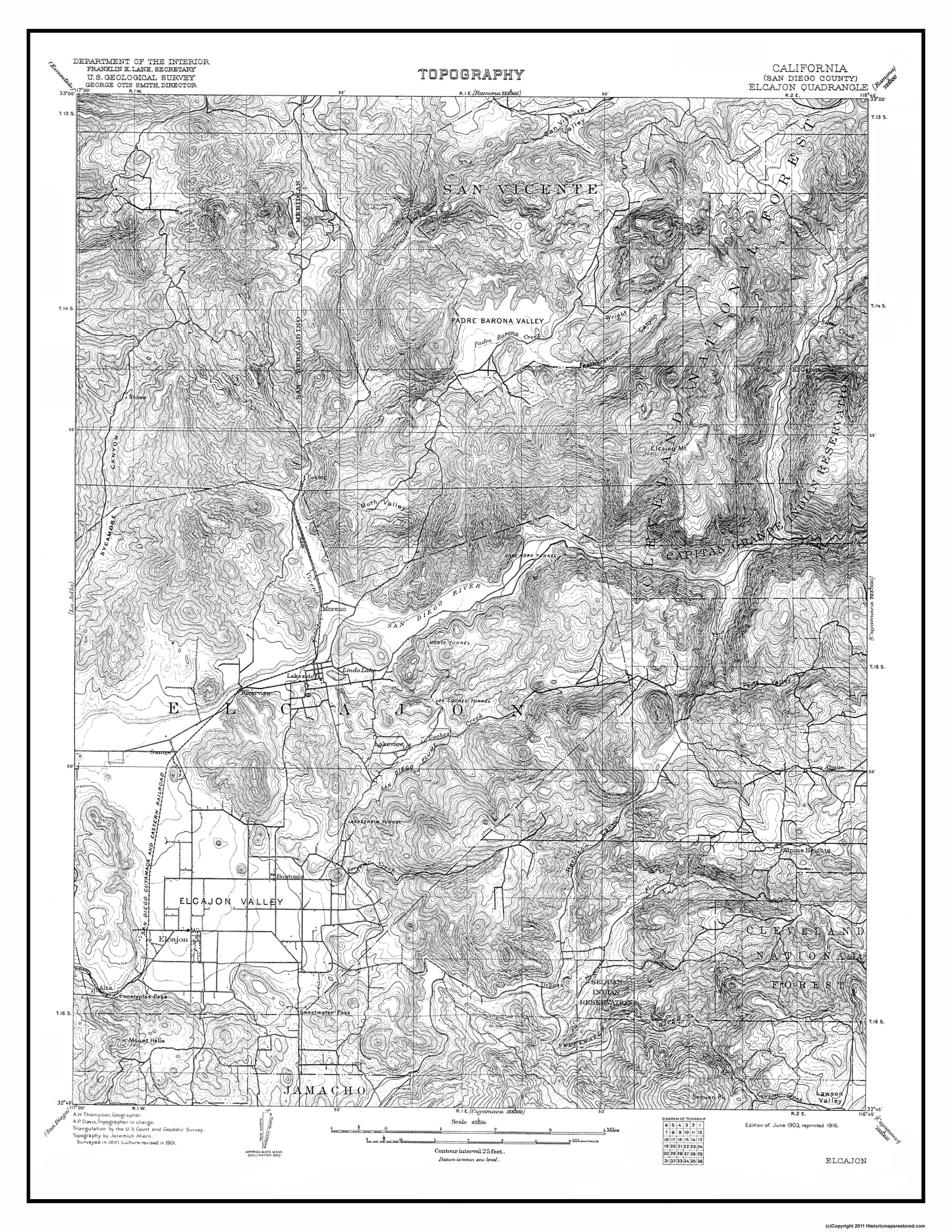 Topographical Map - El Cajon California Quad - USGS 1903 - 23 x 29.77 - Vintage Wall Art