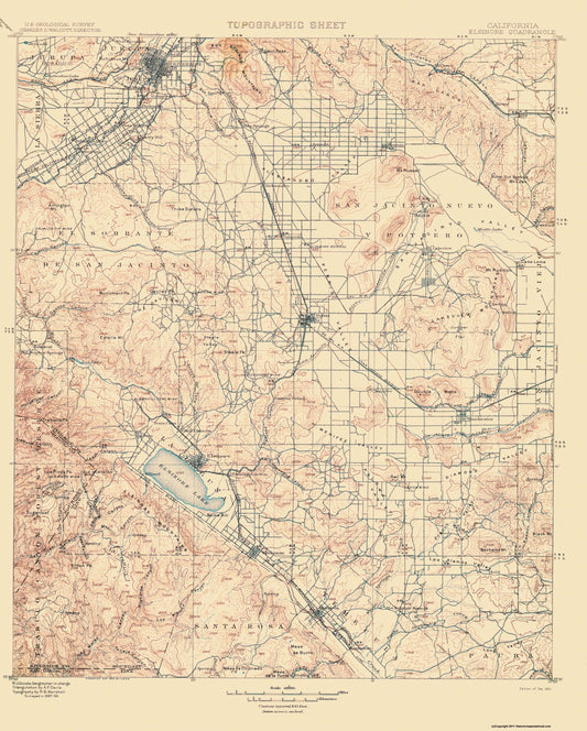 Topographical Map - Elsinore California Quad - USGS 1901 - 23 x 28.63 - Vintage Wall Art