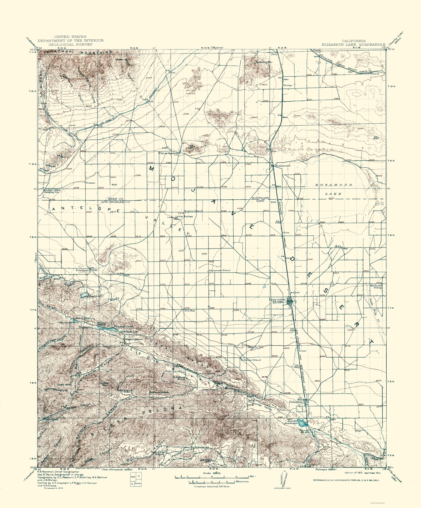 Topographical Map - Elizabeth Lake California Quad - USGS 1917 - 23 x 27.79 - Vintage Wall Art