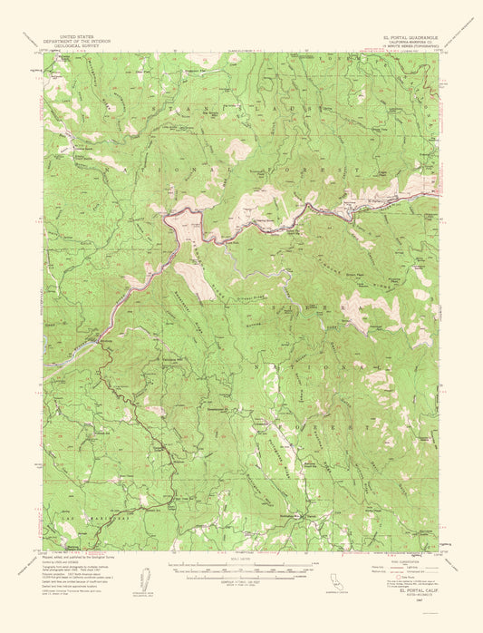 Topographical Map - El Portal California Quad - USGS 1964 - 23 x 30.11 - Vintage Wall Art