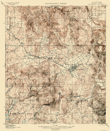 Topographical Map - Escondido California Quad - USGS 1901 - 23 x 27.5 - Vintage Wall Art