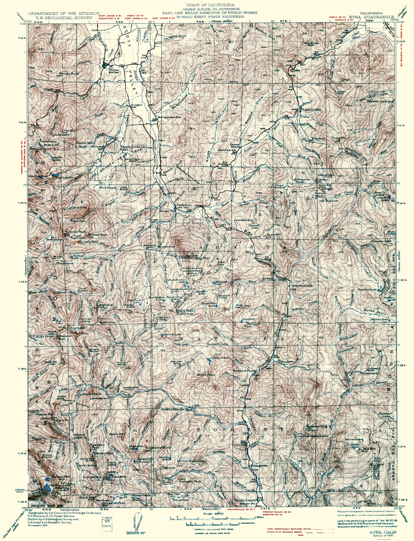 Topographical Map - Etna California Quad - USGS 1943 - 23 x 30.04 - Vintage Wall Art