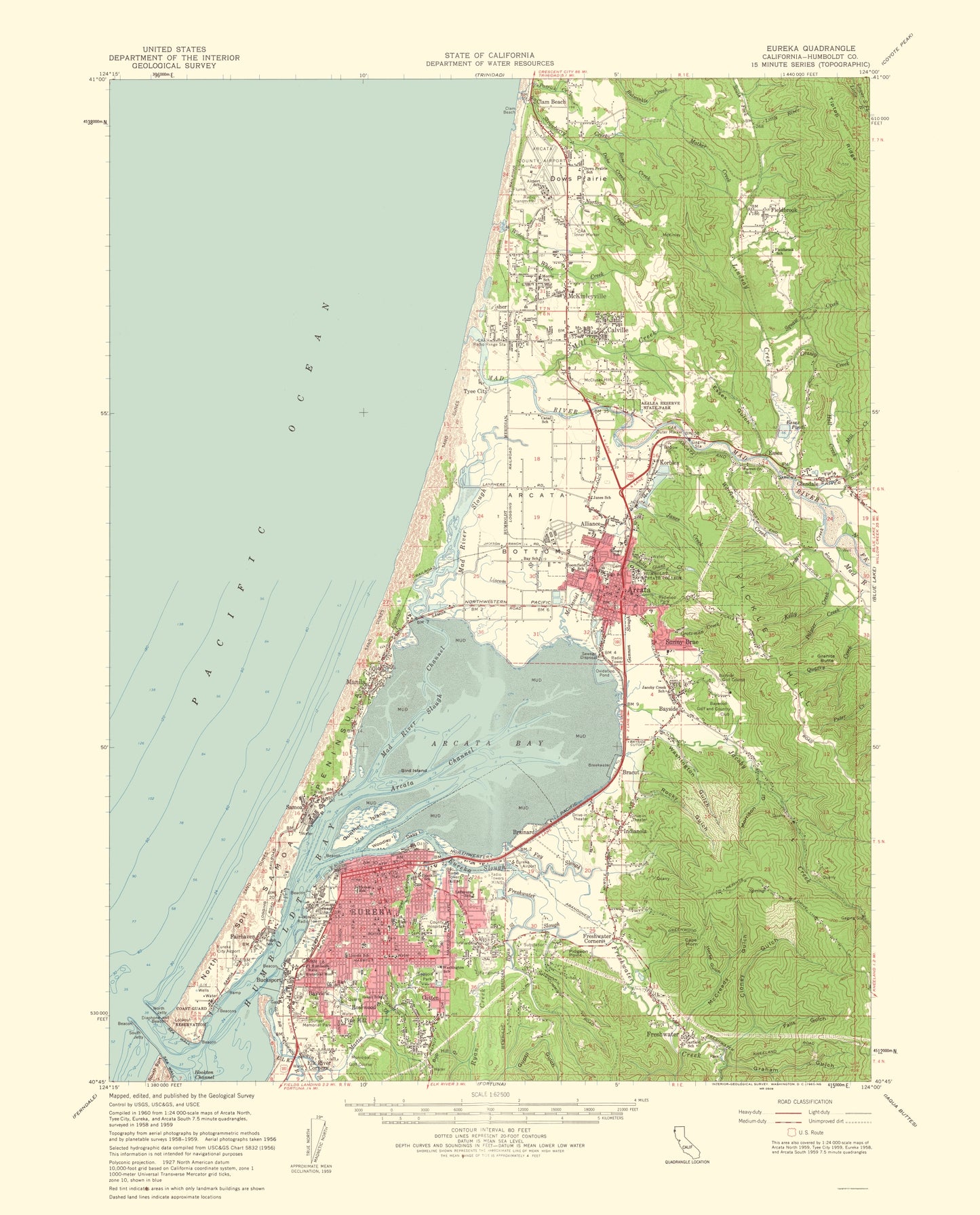 Topographical Map - Eureka California Quad - USGS 1961 - 23 x 28.50 - Vintage Wall Art