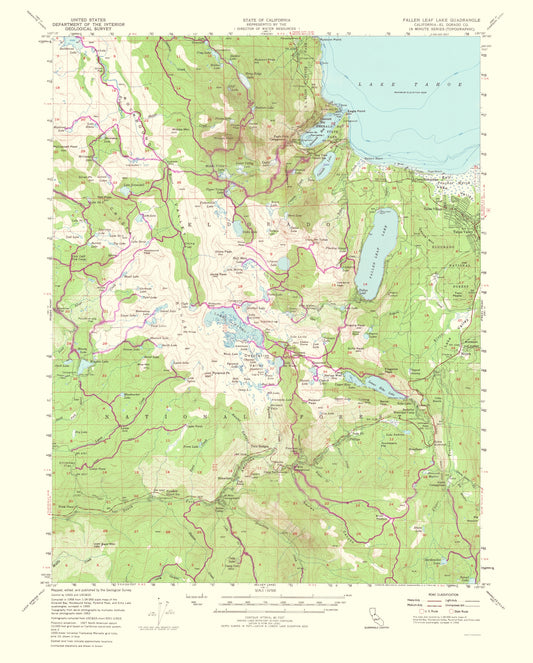 Topographical Map - Fallen Leaf Lake California Quad - USGS 1964 - 23 x 28.60 - Vintage Wall Art