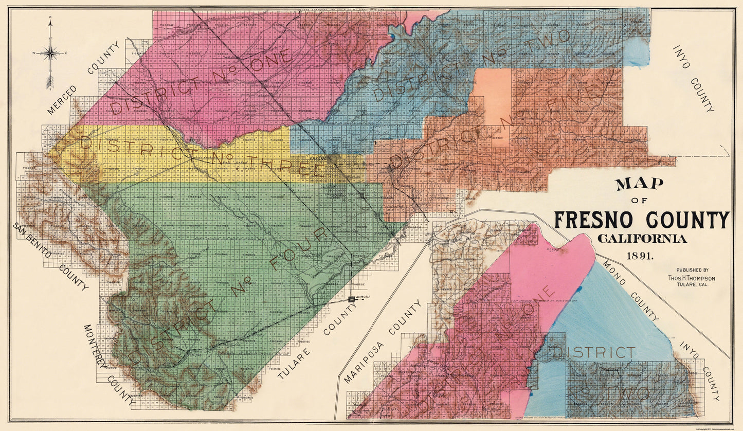 Historic County Map - Fresno County California - Thompson 1891 - 39.69 x 23 - Vintage Wall Art