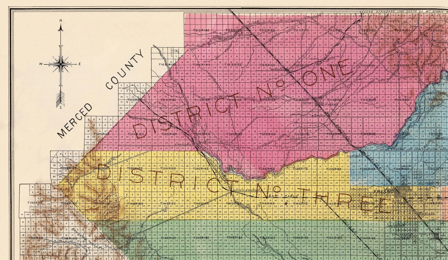 Historic County Map - Fresno County California - Thompson 1891 - 39.69 x 23 - Vintage Wall Art