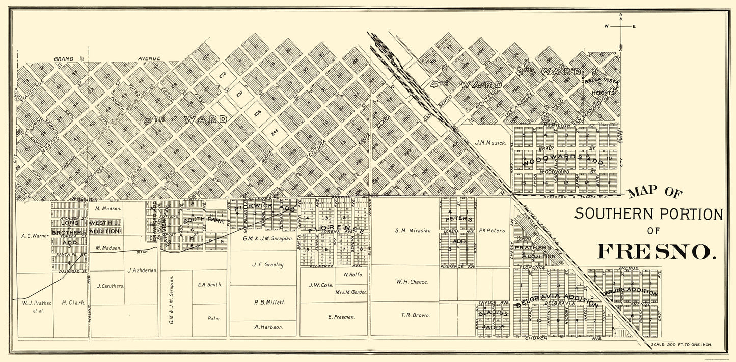 Historic City Map - Fresno Southern California - Thomas 1892 - 23 x 46.66 - Vintage Wall Art