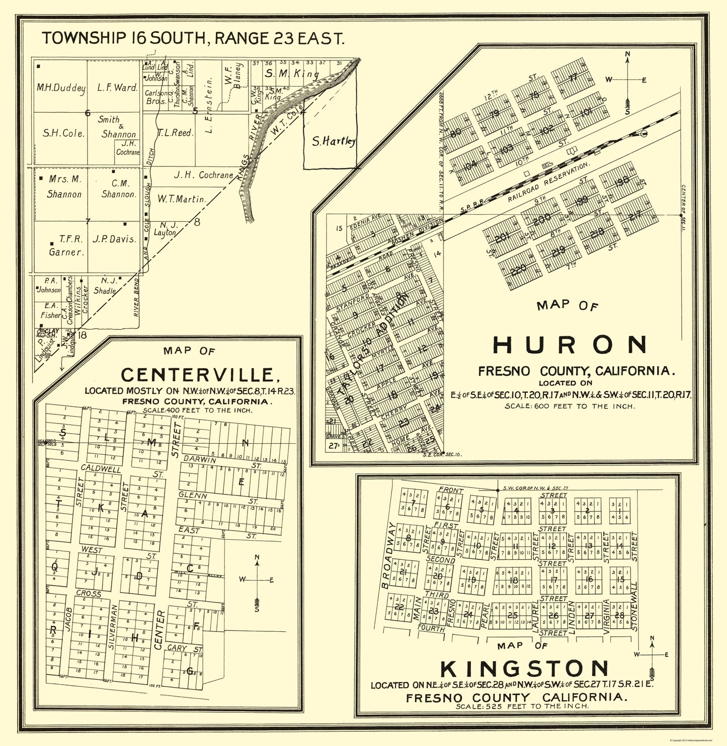 Historic City Map - Huron Kingston Centerville California - Thomas 1892 - 23 x 23 - Vintage Wall Art