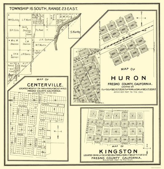 Historic City Map - Huron Kingston Centerville California - Thomas 1892 - 23 x 23 - Vintage Wall Art