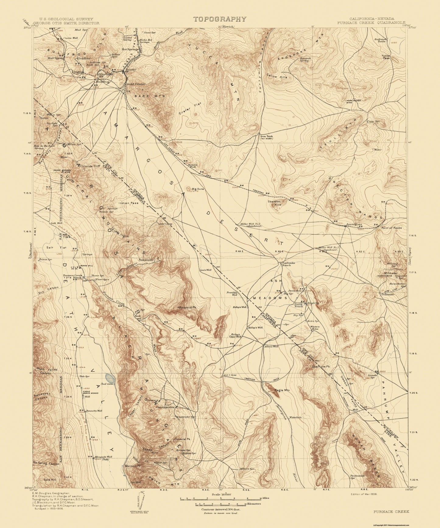 Topographical Map - Furnace Creek California Nevada Quad - USGS 1908 - 23 x 27.63 - Vintage Wall Art