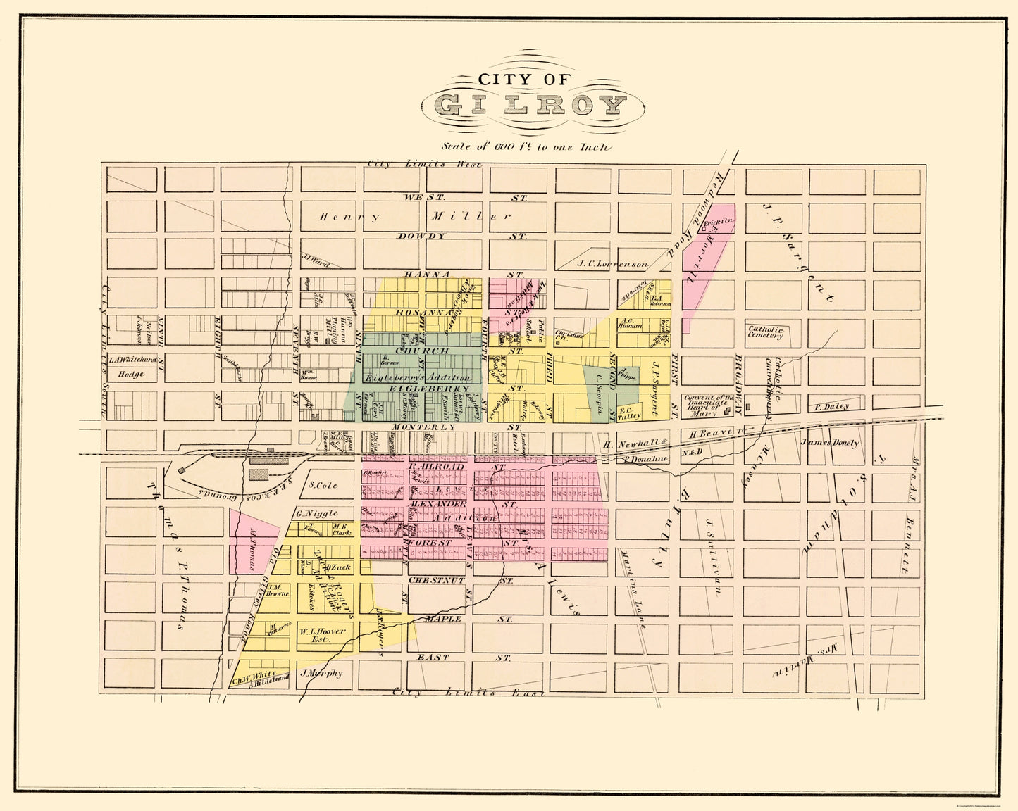 Historic City Map - Gilroy California - Thomas 1876 - 23 x 28.85 - Vintage Wall Art