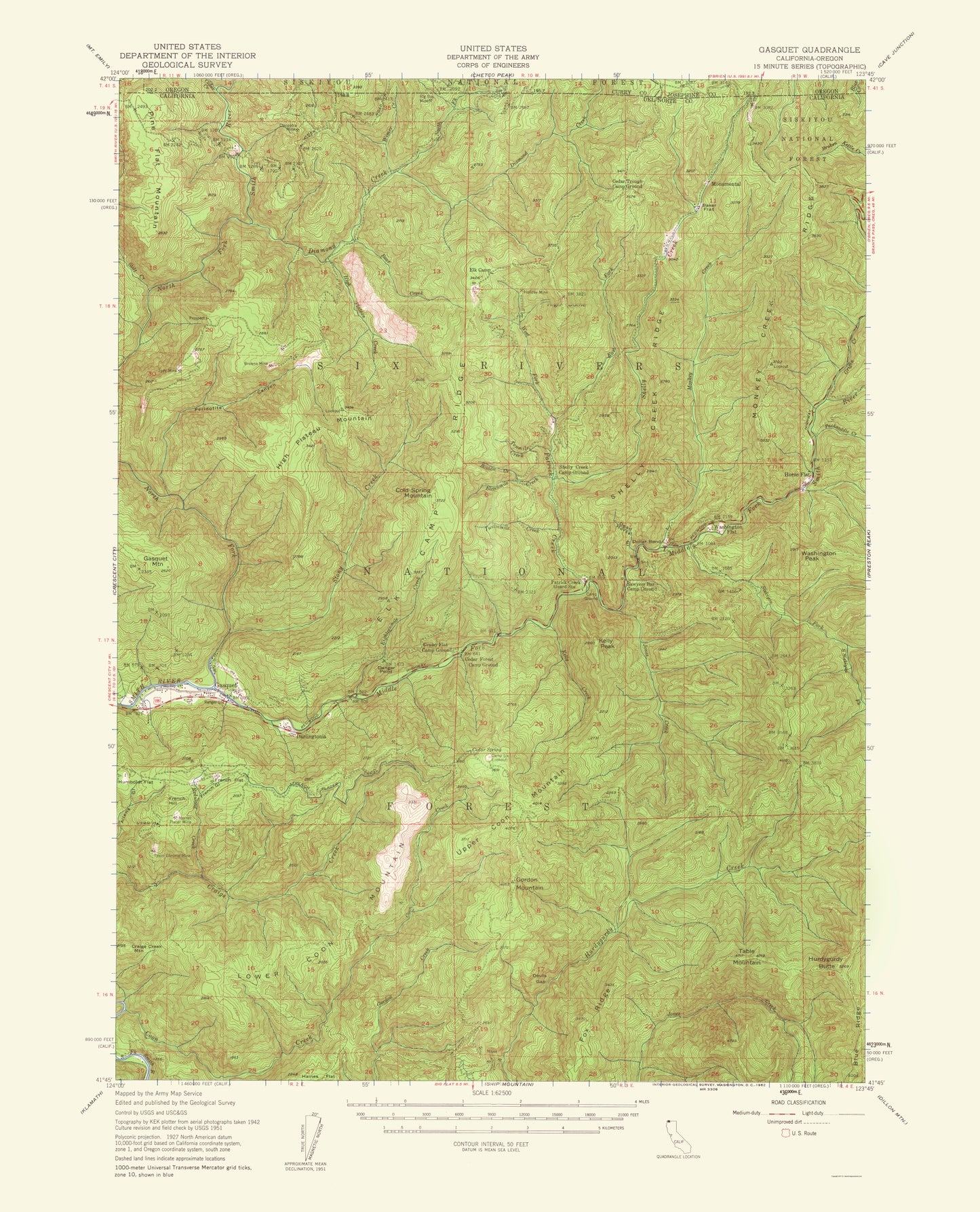 Topographical Map - Gasquet California Oregon Quad - USGS 1951 - 23 x 28.43 - Vintage Wall Art