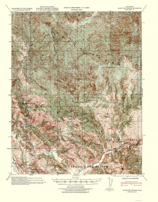 Topographical Map - Gilroy Hot Springs California Quad - USGS 1940 - 23 x 29.25 - Vintage Wall Art