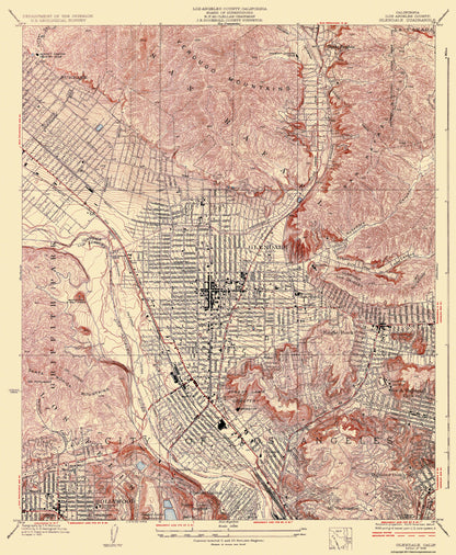 Topographical Map - Glendale California Quad - USGS 1928 - 23 x 28 - Vintage Wall Art