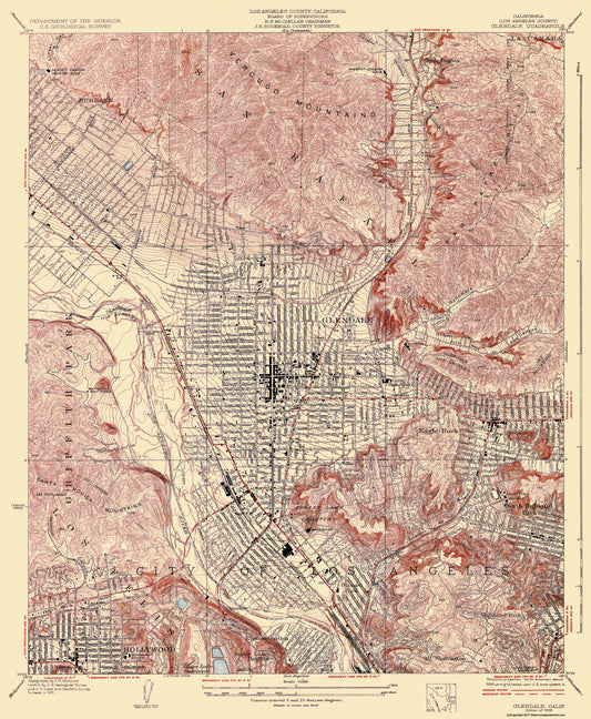 Topographical Map - Glendale California Quad - USGS 1928 - 23 x 28 - Vintage Wall Art