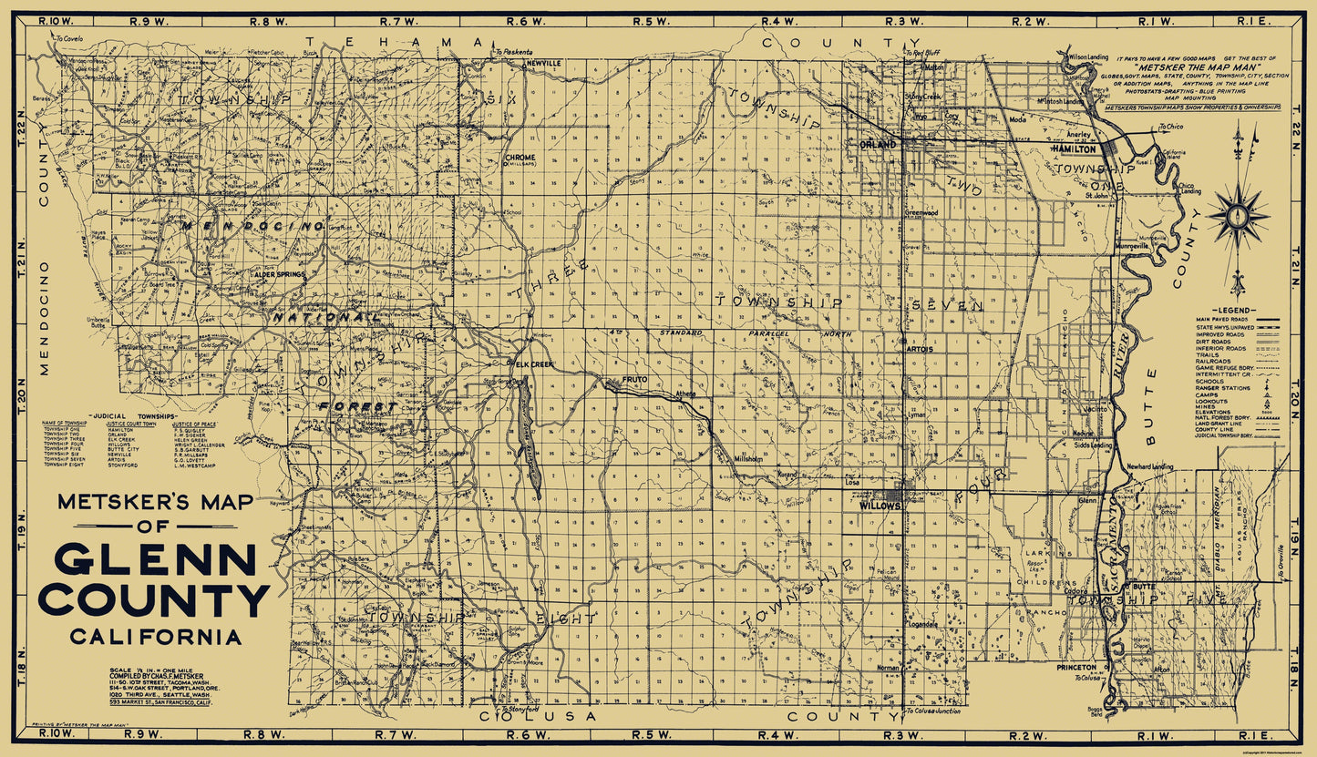 Historic County Map - Glenn County California - Metsker 1936 - 40 x 23 - Vintage Wall Art