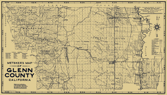 Historic County Map - Glenn County California - Metsker 1936 - 40 x 23 - Vintage Wall Art