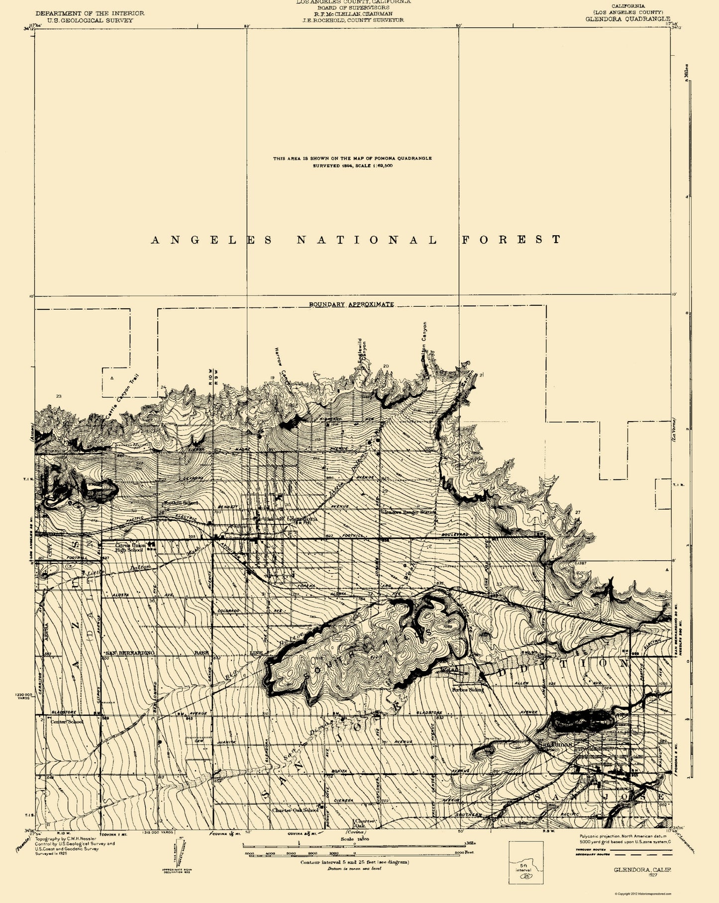 Topographical Map - Glendora California Quad - USGS 1927 - 23 x 28.91 - Vintage Wall Art