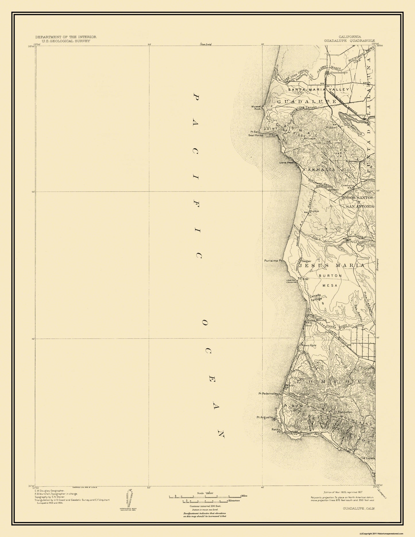 Topographical Map - Guadalupe California Quad - USGS 1905 - 23 x 27.69 - Vintage Wall Art