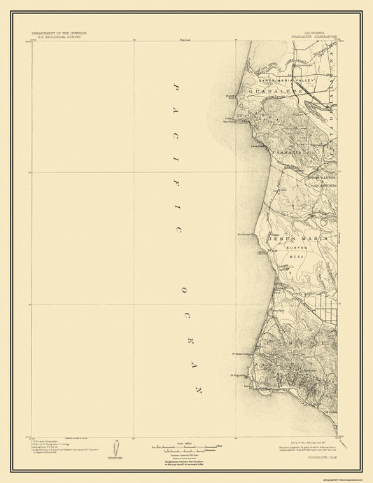 Topographical Map - Guadalupe California Quad - USGS 1905 - 23 x 27.69 - Vintage Wall Art