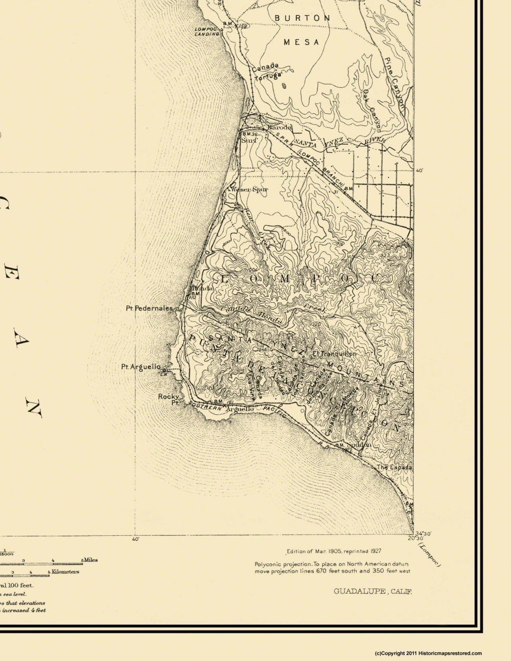 Topographical Map - Guadalupe California Quad - USGS 1905 - 23 x 27.69 - Vintage Wall Art