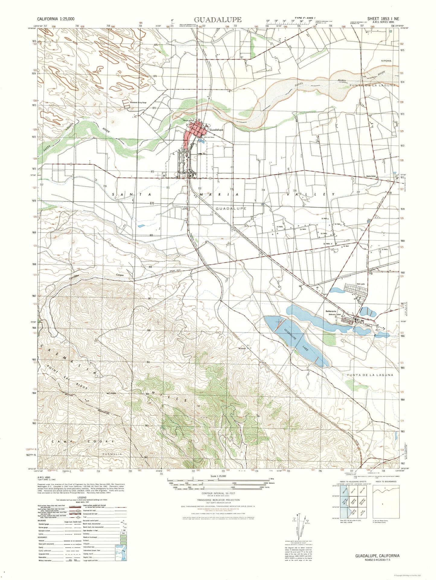 Topographical Map - Guadalupe Sheet - US Army 1947 - 23 x 30.54 - Vintage Wall Art