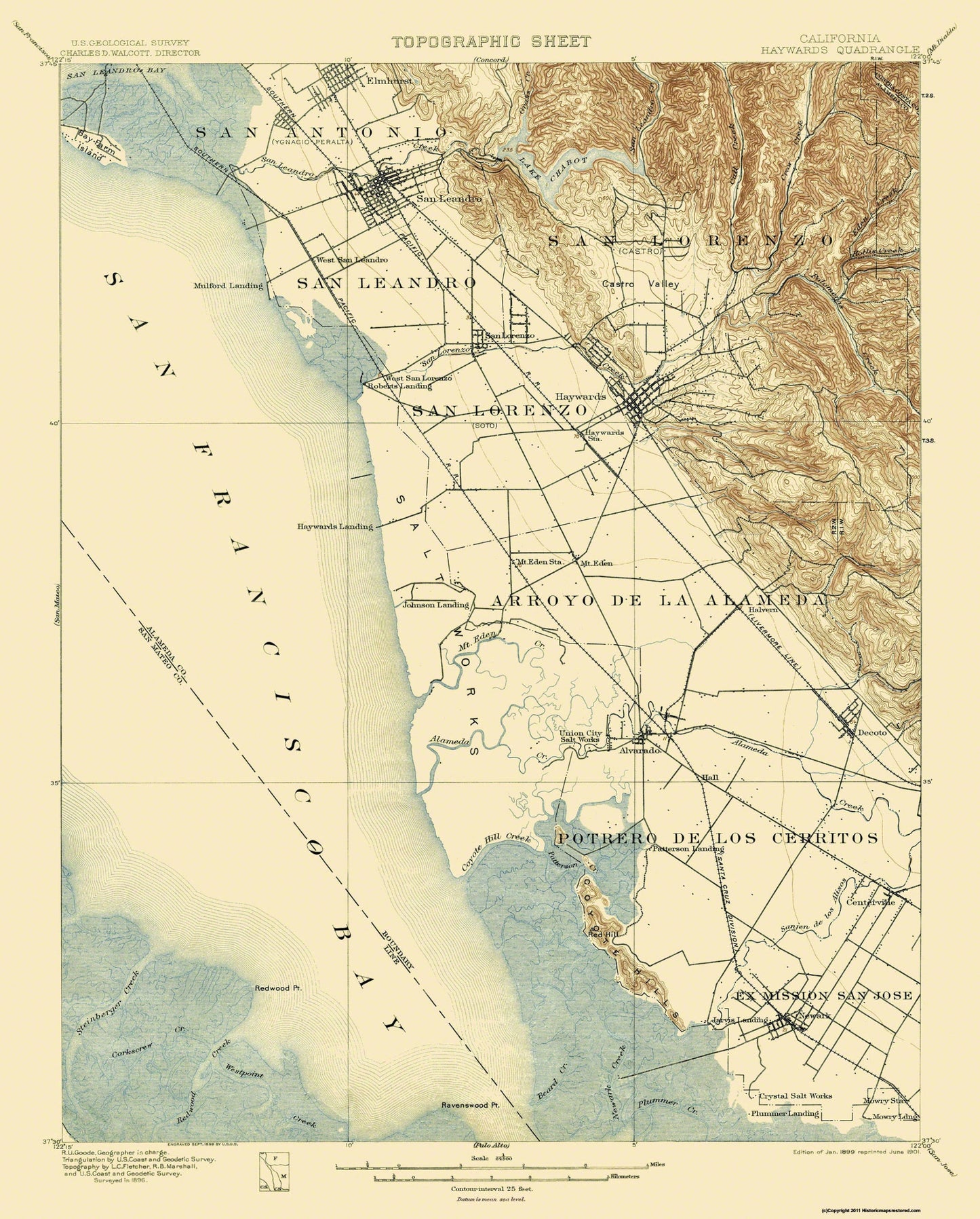 Topographical Map - Haywards California Quad - USGS 1899 - 23 x 28.56 - Vintage Wall Art