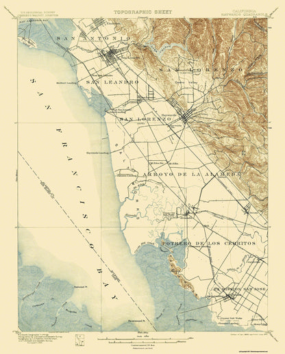 Topographical Map - Haywards California Quad - USGS 1899 - 23 x 28.56 - Vintage Wall Art