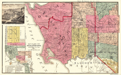 Historic City Map - Healdsburg California - Thompson 1877 - 37.44 x 23 - Vintage Wall Art