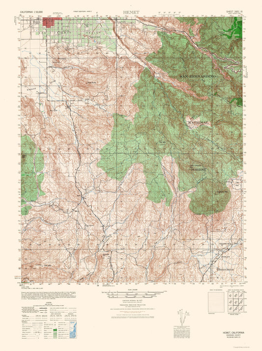 Topographical Map - Hemet Sheet - US Army 1942 - 23 x 30.85 - Vintage Wall Art