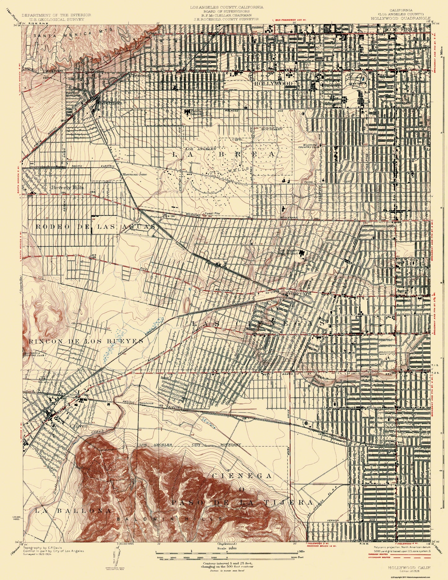 Topographical Map - Hollywood California Quad - USGS 1926 - 23 x 29.75 - Vintage Wall Art