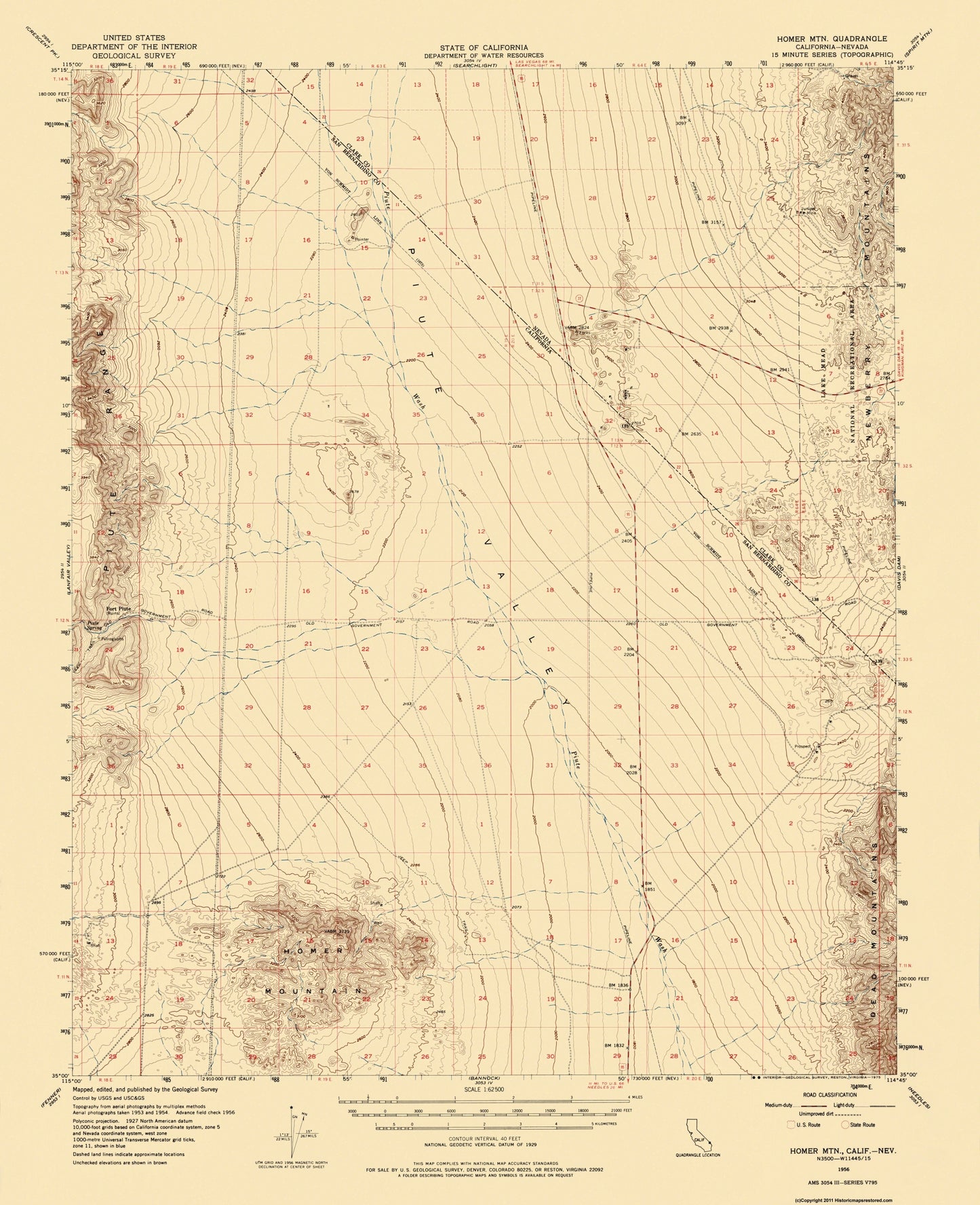 Topographical Map - Homer Mt California Nevada Quad - USGS 1956 - 23 x 28.25 - Vintage Wall Art