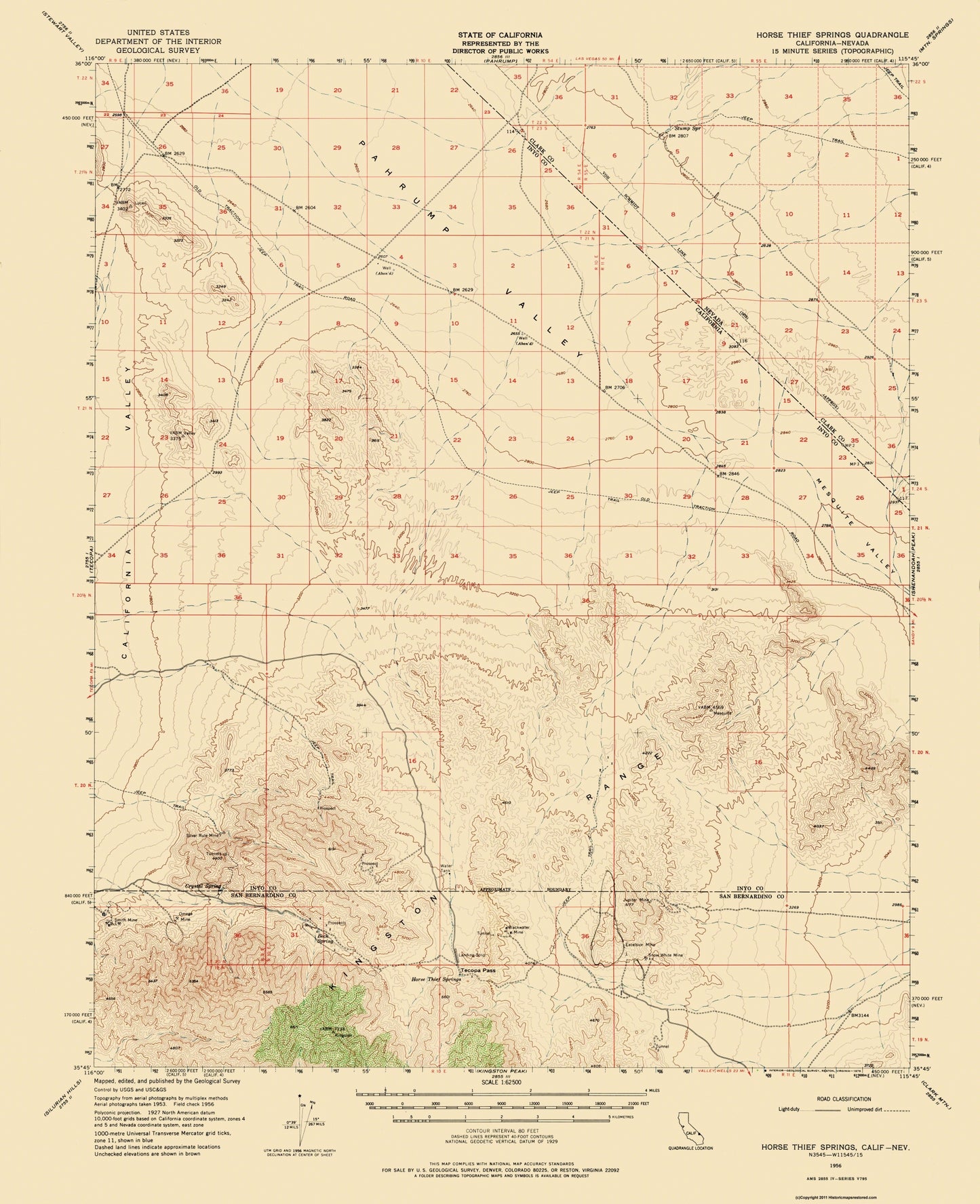 Topographical Map - Horse Thief Spr California Nevada Quad - USGS 1956 - 23 x 28.25 - Vintage Wall Art