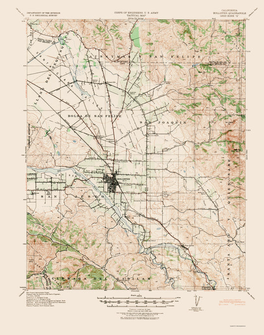 Topographical Map - Hollister California Quad - USGS 1940 - 23 x 29.20 - Vintage Wall Art