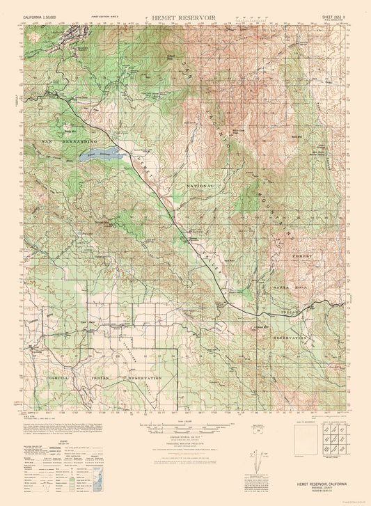 Topographical Map - Hemet Reservoir Sheet - US Army 1943 - 23 x 31.35 - Vintage Wall Art