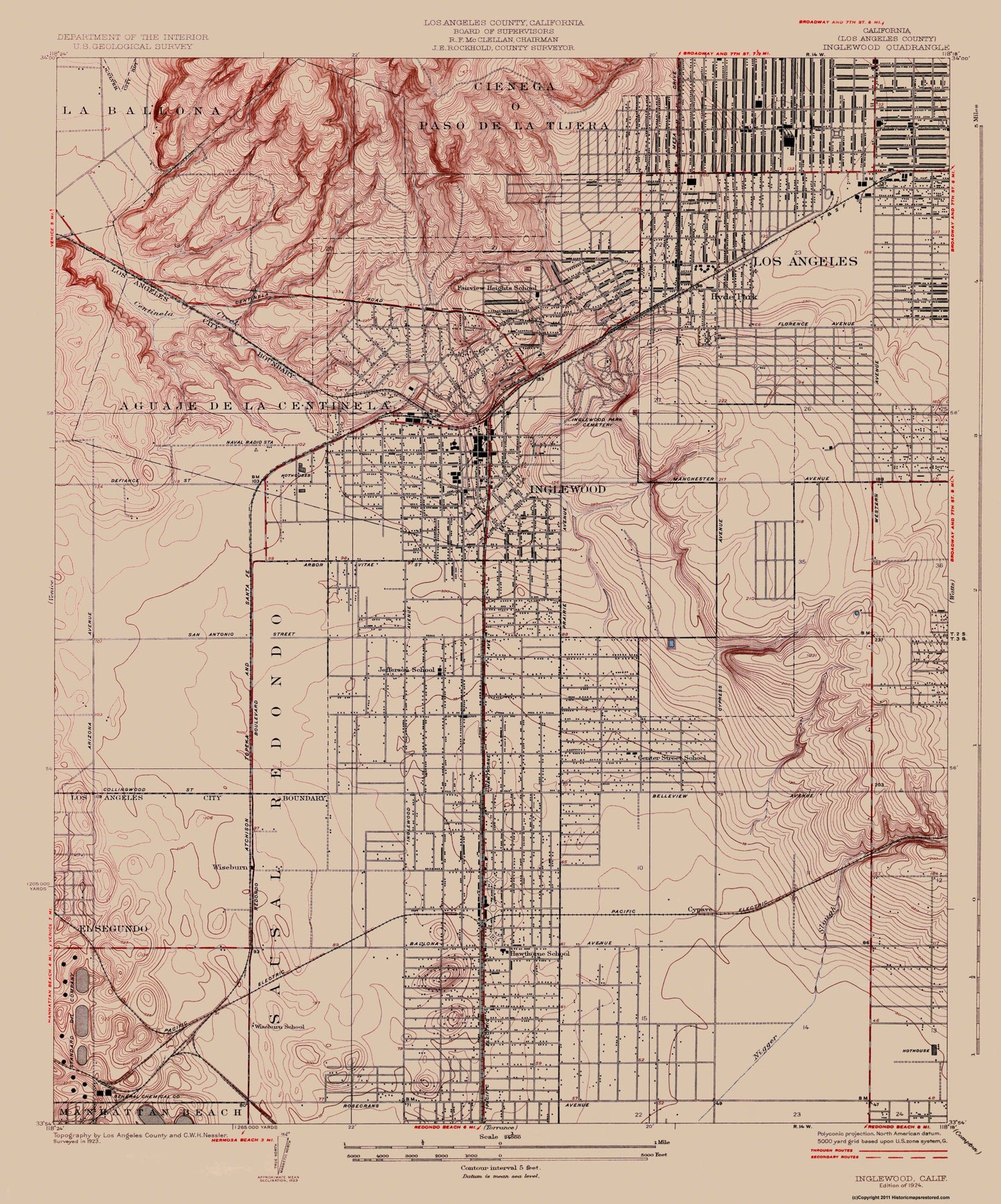 Topographical Map - Inglewood California Quad - USGS 1924 - 23 x 27.66 - Vintage Wall Art