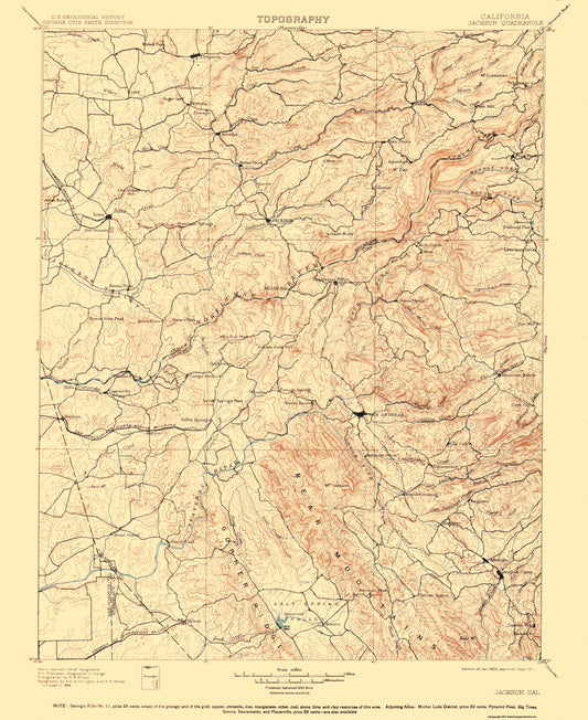 Topographical Map - Jackson California Quad - USGS 1902 - 23 x 28.13 - Vintage Wall Art