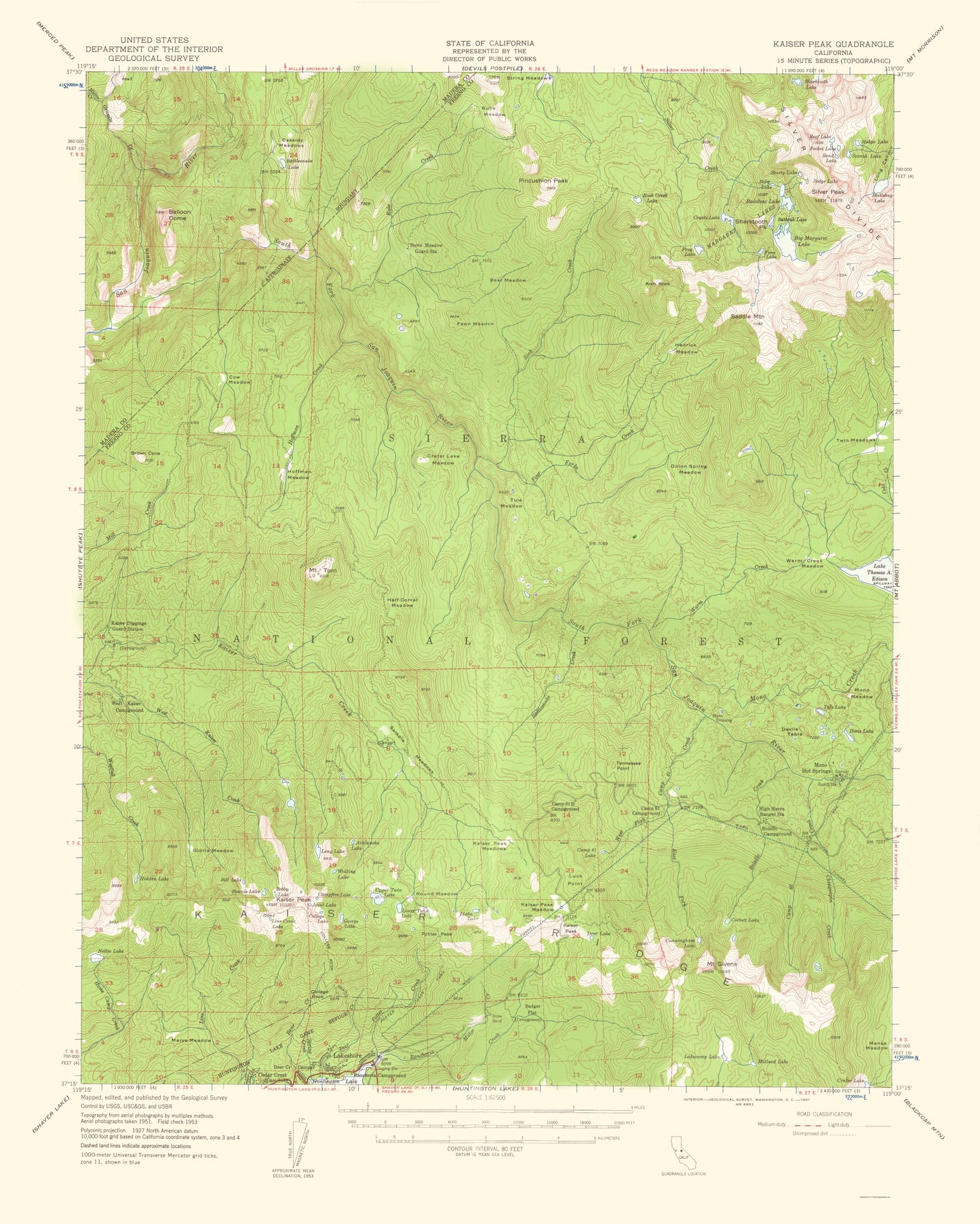 Topographical Map - Kaiser Peak California Quad - USGS 1961 - 23 x 28.71 - Vintage Wall Art