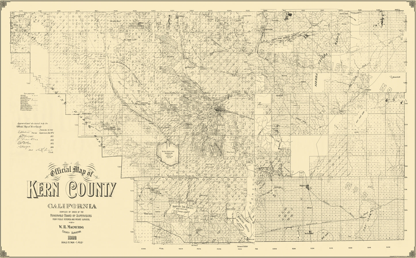 Historic County Map - Kern County California - Macmurdo 1892 - 23 x 37.00 - Vintage Wall Art