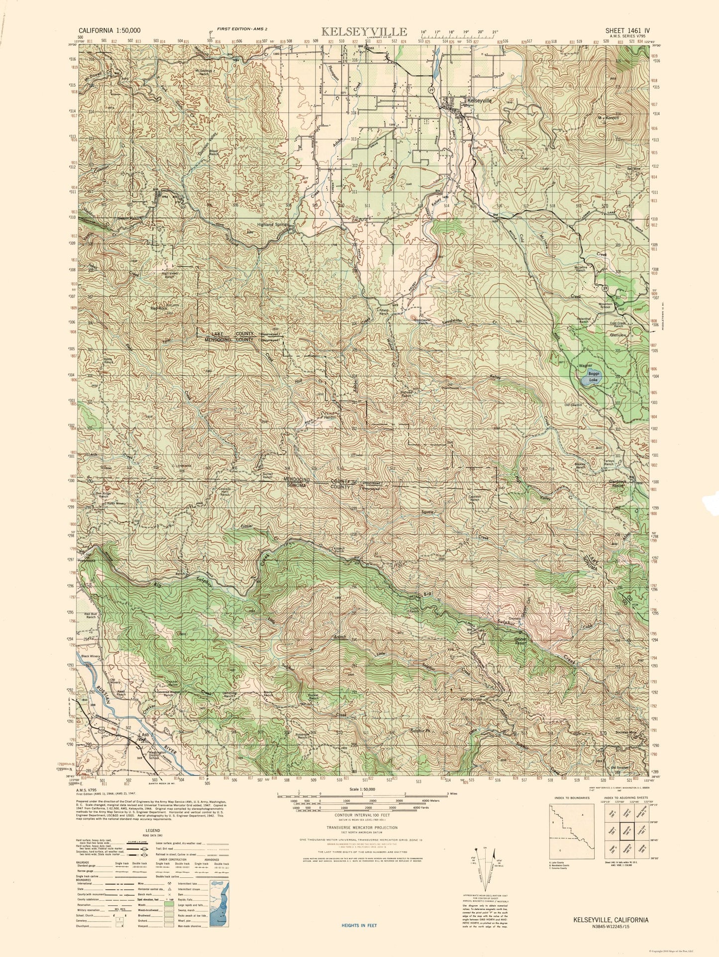 Topographical Map - Kelseyville Sheet - US Army 1944 - 23 x 30.59 - Vintage Wall Art