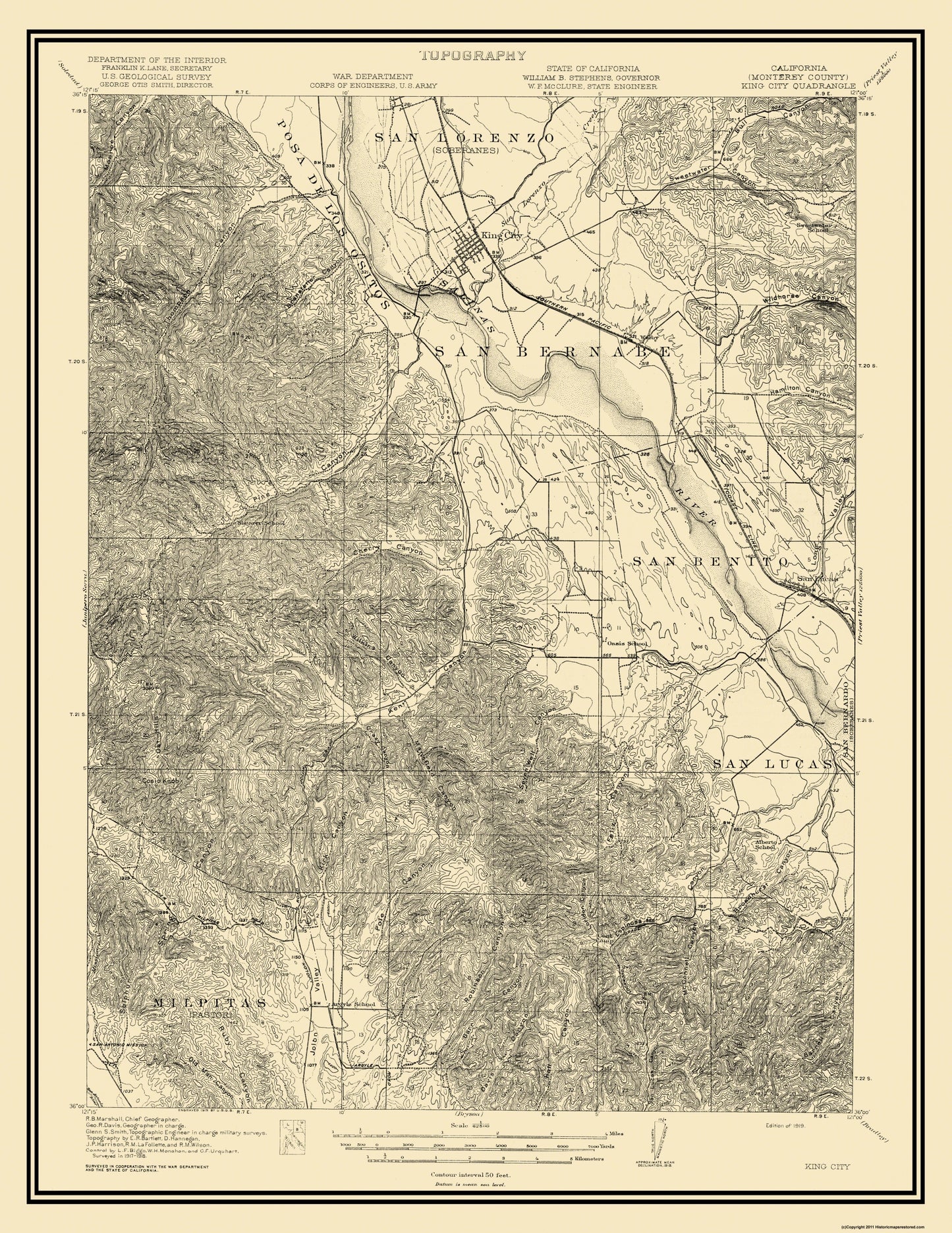 Topographical Map - King City California Quad - USGS 1919 - 23 x 29.75 - Vintage Wall Art