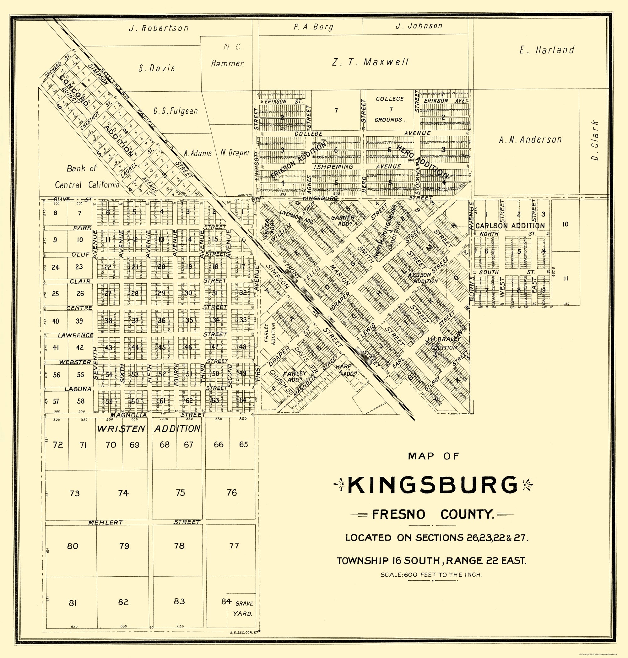 Historic City Map - Kingsburg California - Thomas 1892 - 23 x 24.10 ...